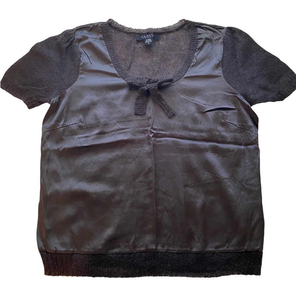 Nougat London Knit Top Womens 4 Brown Silk Mohair Wool Bow Blouse Dark Academia